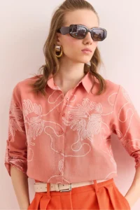 Olalook Women's Chain Dusty Rose Sleeve Folded Linen Shirt - Image 4