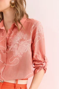 Olalook Women's Chain Dusty Rose Sleeve Folded Linen Shirt - Image 5