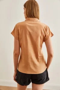 Olalook Women Camel Yarasa Linen Shirt - Image 2