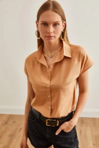 Olalook Women Camel Yarasa Linen Shirt - Image 4