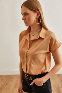Olalook Women Camel Yarasa Linen Shirt - Image 5