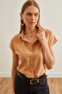 Olalook Women Camel Yarasa Linen Shirt - Image 6