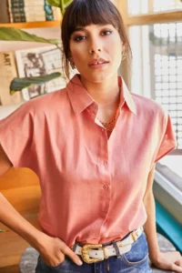 Olalook Women Dusty Rose Yarasa Linen Shirt - Image 3