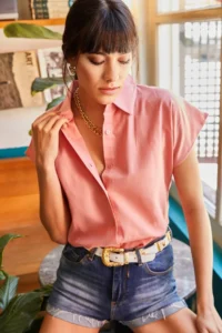 Olalook Women Dusty Rose Yarasa Linen Shirt - Image 4