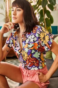Olalook Women's Multicolored Woven Viscose Patterned Bat Shirt - Image 3