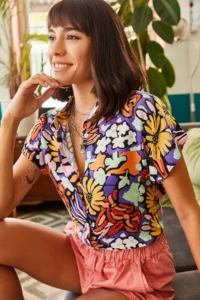 Olalook Women's Multicolored Woven Viscose Patterned Bat Shirt - Image 7
