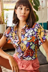 Olalook Women's Multicolored Woven Viscose Patterned Bat Shirt - Image 8