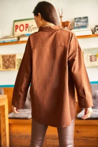 Olalook Women's Bitter Brown Hidden Placket Oversize Poplin Shirt - Image 2