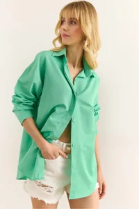 Olalook Women's Mint Green Hidden Placket Poplin Shirt