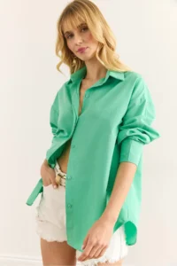 Olalook Women's Mint Green Hidden Placket Poplin Shirt - Image 3