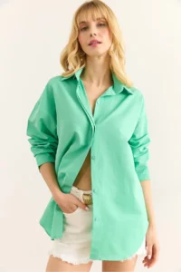 Olalook Women's Mint Green Hidden Placket Poplin Shirt - Image 4