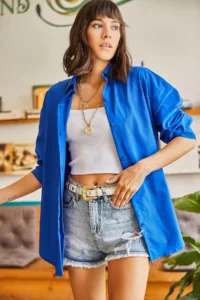 Olalook Women's Saks Blue Hidden Placket Oversize Poplin Shirt - Image 2