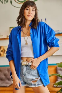 Olalook Women's Saks Blue Hidden Placket Oversize Poplin Shirt - Image 3