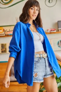 Olalook Women's Saks Blue Hidden Placket Oversize Poplin Shirt - Image 4