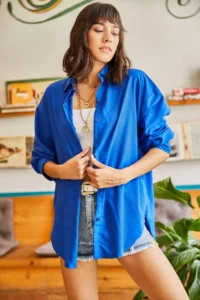 Olalook Women's Saks Blue Hidden Placket Oversize Poplin Shirt - Image 5