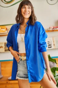Olalook Women's Saks Blue Hidden Placket Oversize Poplin Shirt - Image 6