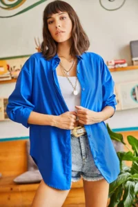 Olalook Women's Saks Blue Hidden Placket Oversize Poplin Shirt - Image 7