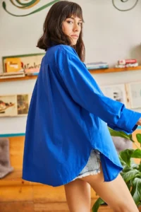 Olalook Women's Saks Blue Hidden Placket Oversize Poplin Shirt - Image 8