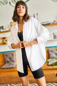 Olalook Women's White Hidden Placket Oversize Poplin Shirt - Image 8