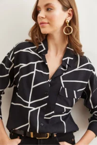 Olalook Women's Asymmetrical Black Single Pocket Woven Viscose Shirt - Image 3