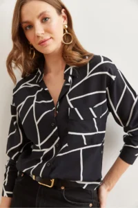 Olalook Women's Asymmetrical Black Single Pocket Woven Viscose Shirt - Image 4
