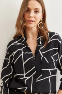 Olalook Women's Asymmetrical Black Single Pocket Woven Viscose Shirt - Image 5