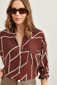 Olalook Women's Asymmetrical Brown Single Pocket Woven Viscose Shirt - Image 3