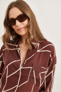 Olalook Women's Asymmetrical Brown Single Pocket Woven Viscose Shirt - Image 4