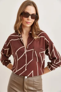 Olalook Women's Asymmetrical Brown Single Pocket Woven Viscose Shirt - Image 5