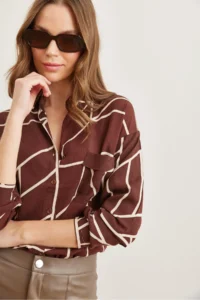 Olalook Women's Asymmetrical Brown Single Pocket Woven Viscose Shirt - Image 6