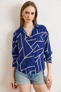 Olalook Women's Asymmetrical Saks Blue Single Pocket Woven Viscose Shirt