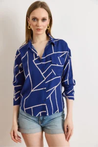 Olalook Women's Asymmetrical Saks Blue Single Pocket Woven Viscose Shirt - Image 2