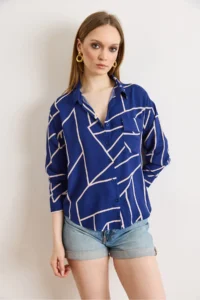 Olalook Women's Asymmetrical Saks Blue Single Pocket Woven Viscose Shirt - Image 3