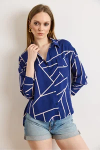 Olalook Women's Asymmetrical Saks Blue Single Pocket Woven Viscose Shirt - Image 4
