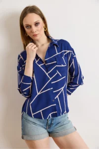 Olalook Women's Asymmetrical Saks Blue Single Pocket Woven Viscose Shirt - Image 5