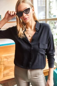 Olalook Women's Black Single Pocket Woven Viscose Shirt - Image 3