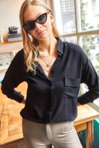 Olalook Women's Black Single Pocket Woven Viscose Shirt - Image 4