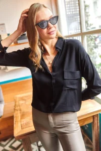 Olalook Women's Black Single Pocket Woven Viscose Shirt - Image 5