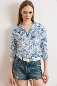 Olalook Women's Boho Blue Single Pocket Woven Viscose Shirt