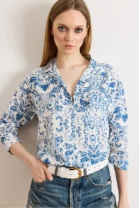 Olalook Women's Boho Blue Single Pocket Woven Viscose Shirt - Image 2