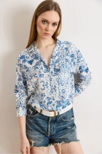 Olalook Women's Boho Blue Single Pocket Woven Viscose Shirt - Image 3