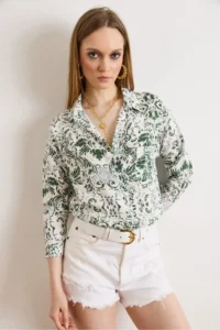 Olalook Women's Boho Khaki Single Pocket Woven Viscose Shirt - Image 2