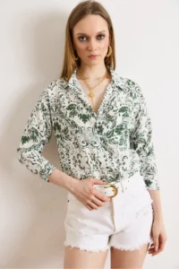 Olalook Women's Boho Khaki Single Pocket Woven Viscose Shirt - Image 3