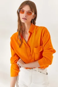 Olalook Women's Orange Single Pocket Woven Viscose Shirt