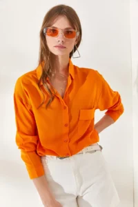 Olalook Women's Orange Single Pocket Woven Viscose Shirt - Image 2