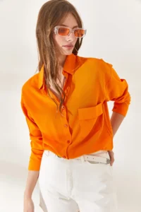 Olalook Women's Orange Single Pocket Woven Viscose Shirt - Image 3