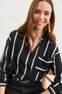 Olalook Women's Thick Striped Black Single Pocket Woven Viscose Shirt