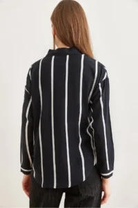 Olalook Women's Thick Striped Black Single Pocket Woven Viscose Shirt - Image 2