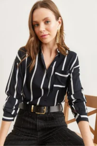 Olalook Women's Thick Striped Black Single Pocket Woven Viscose Shirt - Image 4
