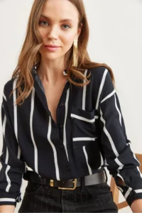 Olalook Women's Thick Striped Black Single Pocket Woven Viscose Shirt - Image 5
